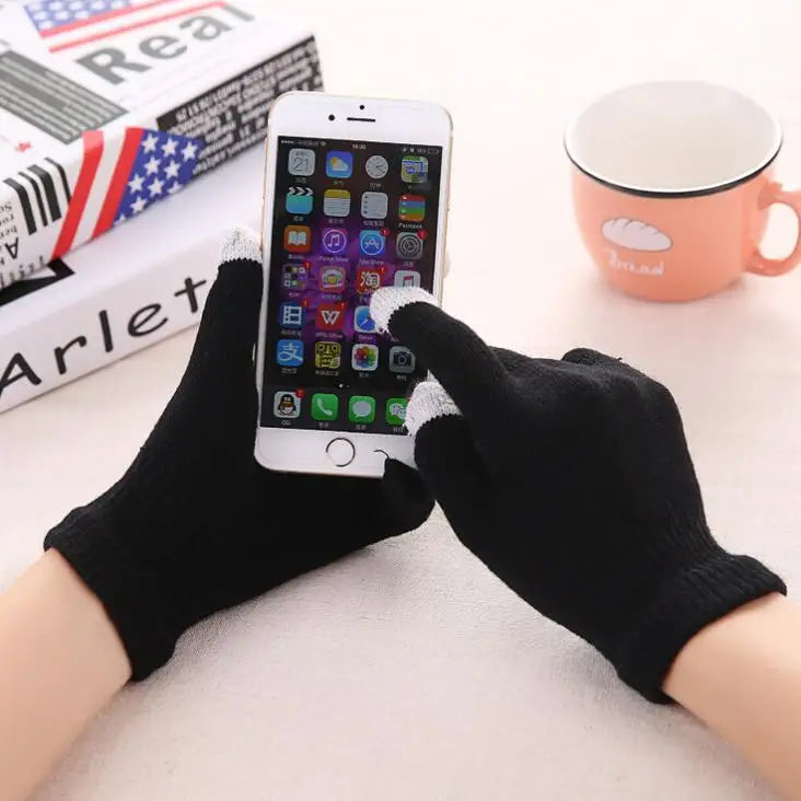 Women's Cashmere Wool Knitted Gloves Autumn Winter Thick Warm Gloves Plush Inside Solid Mittens For Mobile Phone Tablet Pad