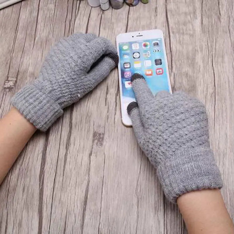 Women's Cashmere Wool Knitted Gloves Autumn Winter Thick Warm Gloves Plush Inside Solid Mittens For Mobile Phone Tablet Pad