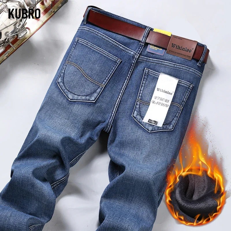 Winter Thermal Warm Flannel Stretch Jeans Mens Winter Quality Famous Brand Fleece Pants Straight Flocking Trousers Denim Jean