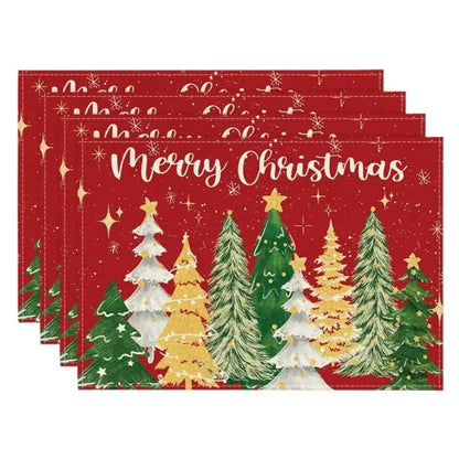 4PCS Christmas Placemats 30x45cm Linen Christmas Trees Snowflake Gnome Print Table Mats 2024 Xmas Table Pads For Home Hotel