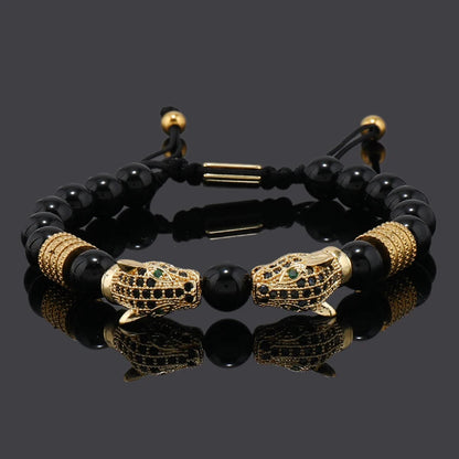 Luxury Black Stone Beads Man Bracelet Leopard Head Charms Women Bracelets Couple Jewelry Valentine's Day