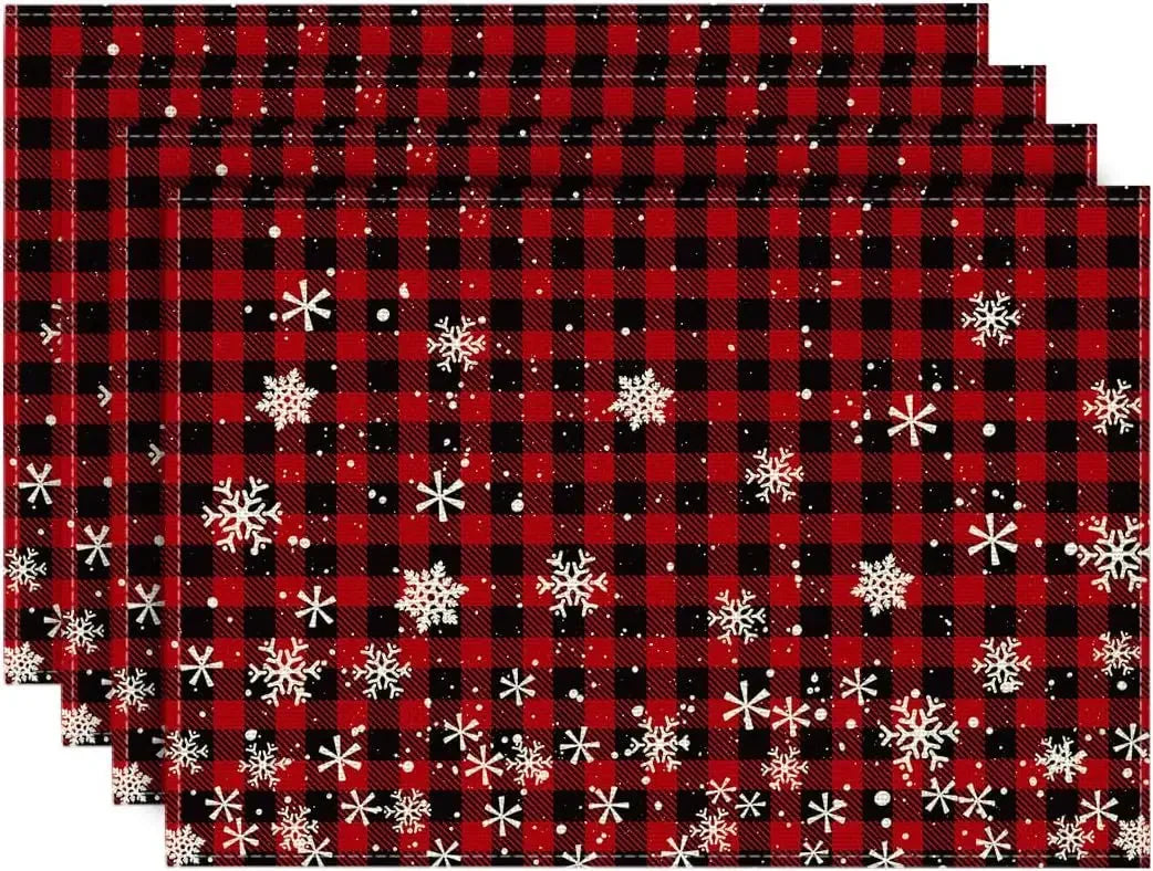 4PCS Christmas Placemats 30x45cm Linen Christmas Trees Snowflake Gnome Print Table Mats 2024 Xmas Table Pads For Home Hotel