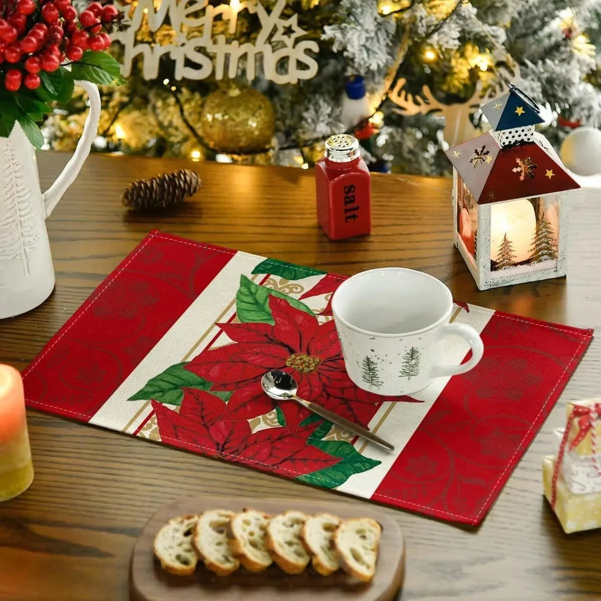 4PCS Christmas Placemats 30x45cm Linen Christmas Trees Snowflake Gnome Print Table Mats 2024 Xmas Table Pads For Home Hotel