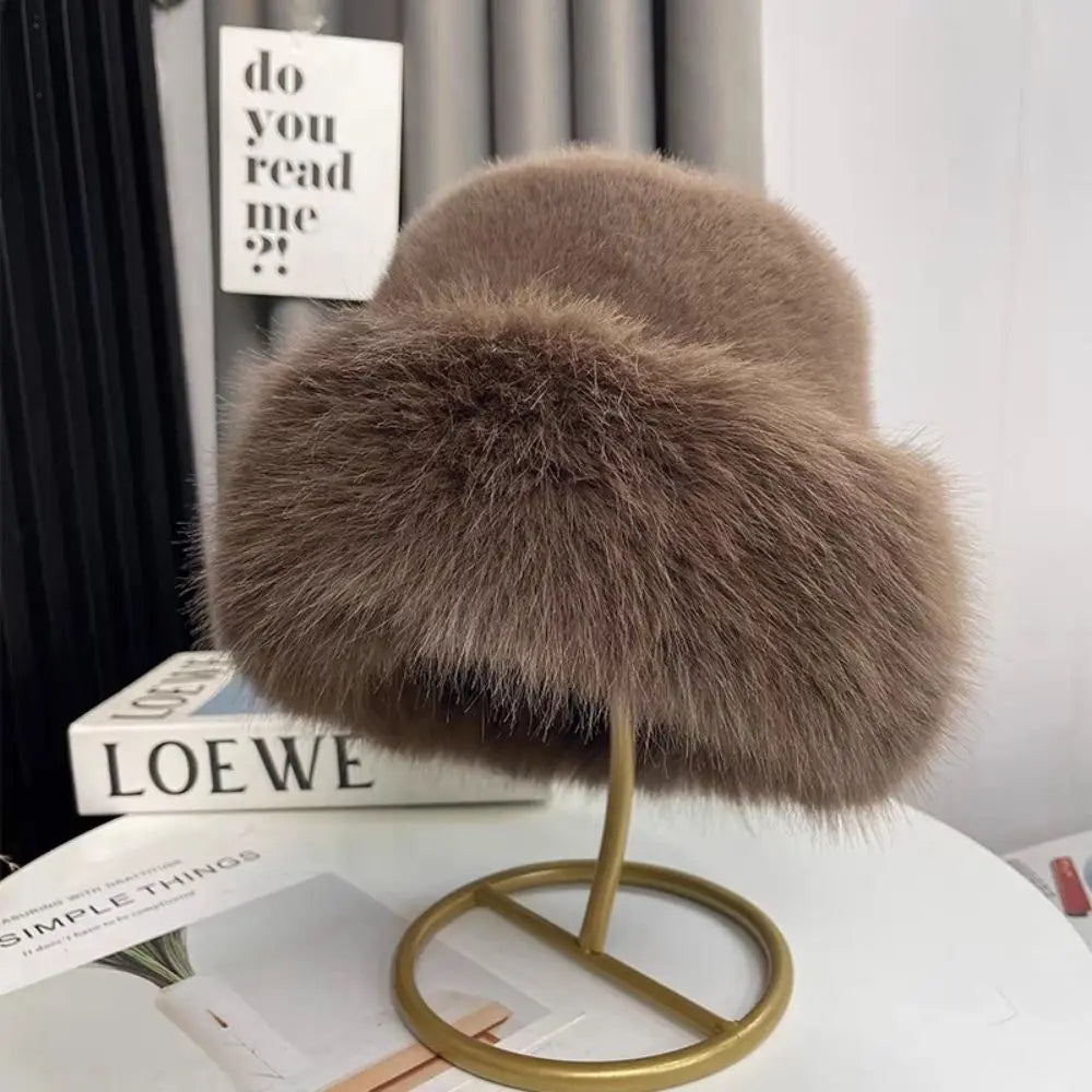 Fluffy Fur Fisherman Hat For Women Winter Plush Ear Protection Cap Windproof Warm Female Panama Caps Solid Fashion Bucket Hat