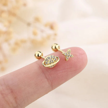 Fashion Cute Pink Zircon Bear Piercing Screw Ball Stud Earrings For Women Girl Gold Color Clover Charm Party Jewelry Accessories