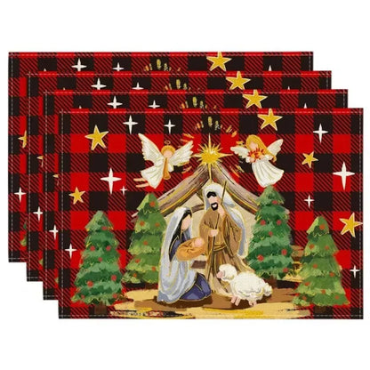 4PCS Christmas Placemats 30x45cm Linen Christmas Trees Snowflake Gnome Print Table Mats 2024 Xmas Table Pads For Home Hotel