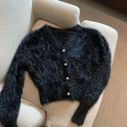 Vintage Cropped Mohair Knitted Cardigan Women V Neck Sweater Coat Streetwear Korean Black White Knitwear Solid Slim Jumpers New