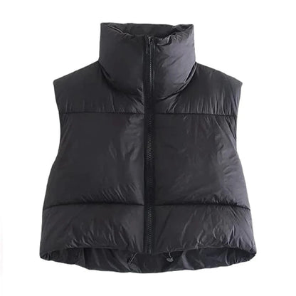 Autumn And Winter Women's Short Cotton Down Vest Short Stand-up Collar Warm Sleeveless Quilted Vest Outdoor Travel Jacket Tops