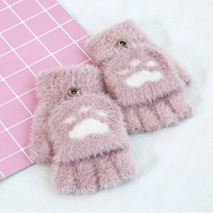 Thicken Women Warm Cat Gloves Fashion Girls Cat Claw Paw Plush Mittens Soft Plush Short Fingerless Half Finger Winter Gloves