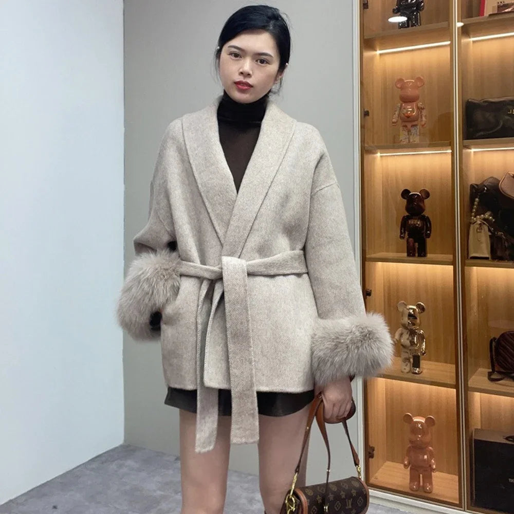 High End Double-sided Wool Strapping Real Wool Fur Coat Women's Removable Cuffs Fox Fur Temperament Cashmere Short Jacket