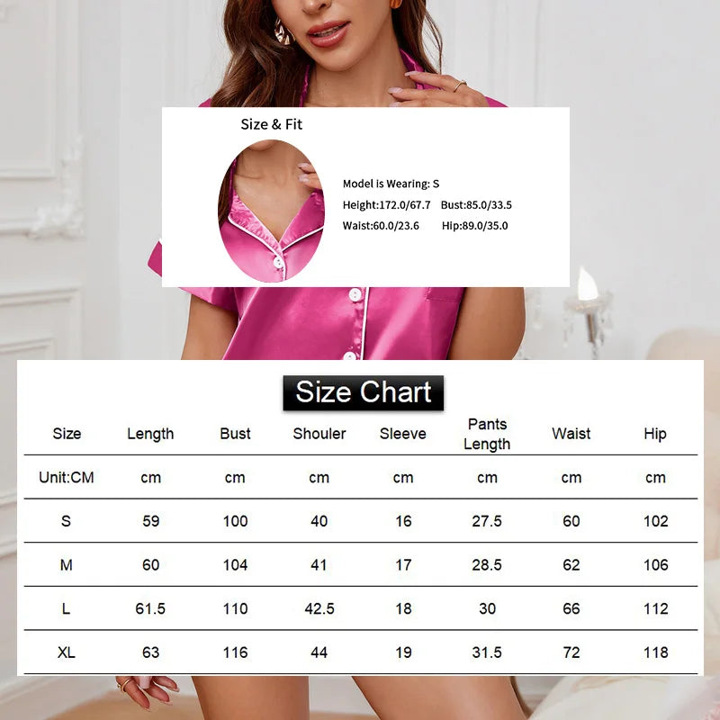 Women's Satin Pajama Set Summer Sleepwear Loungewear Short Sleeve Lapel Top & Shorts Pyjamas Button Home Clothes Pajamas Pjs Set