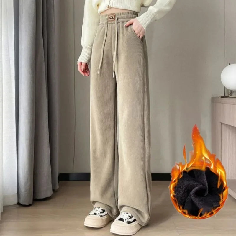 Plus Size Thickened Fleece-Lined Corduroy Straight-Leg Pants For Women Autumn/Winter Special High-Quality Woolen Material