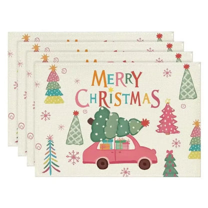 4PCS Christmas Placemats 30x45cm Linen Christmas Trees Snowflake Gnome Print Table Mats 2024 Xmas Table Pads For Home Hotel