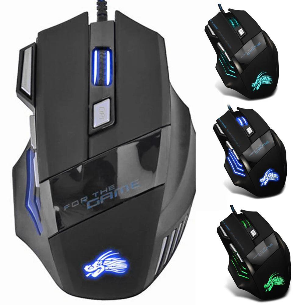 Wired Gaming Mouse 7-Color Backlight 5500 DPI Adjustable Black Wired Optical Computer Gaming Mice for PC Gamer Computer Desktop