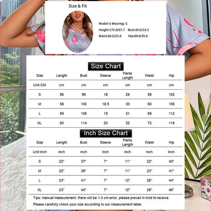 Women Pajamas Set Sleepwear Short Sleeve Tops Shorts Pajama Sets Round Neck Pyjama Femme Ladies Flamingo Print Lounge Home Wear