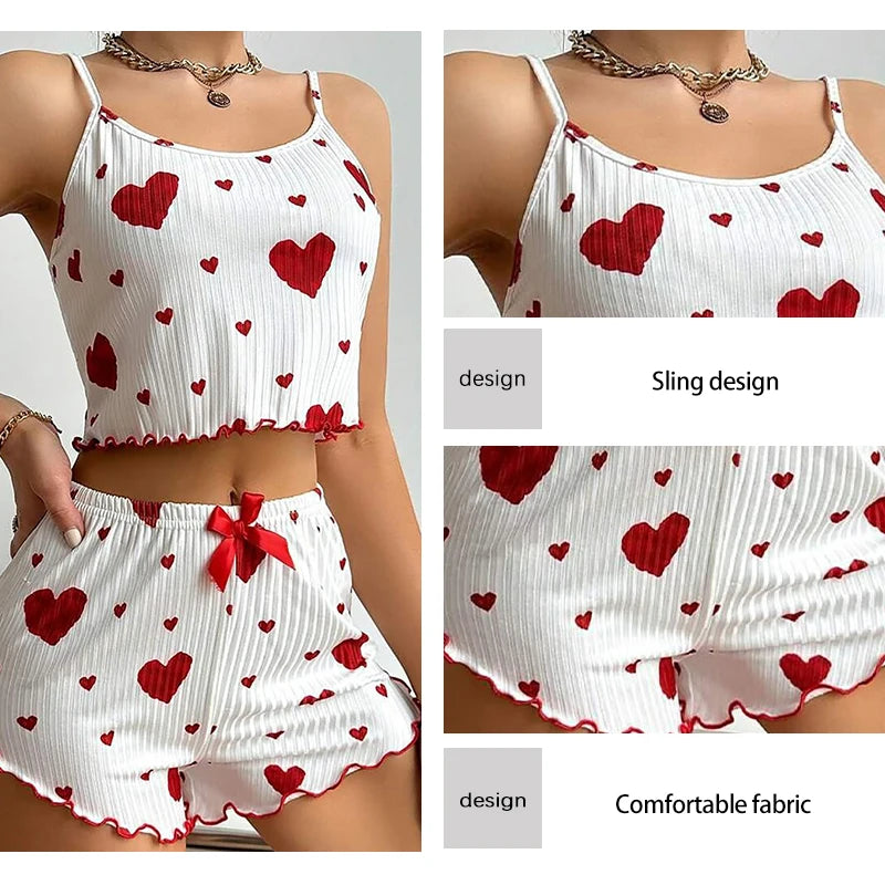 Women's Pajamas Set Sleepwear 2 PCS Short Tank Tops And Shorts S M L White Ventilate Soft Casual Love Printing