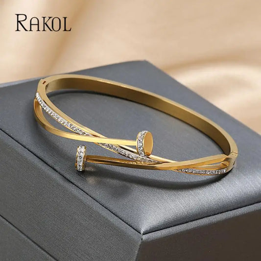 RAKOL Trendy Nail Winding Zirconia Bangles for Women Geometric Multi Layer Cross Bracelets Creative Party Daily Jewelry