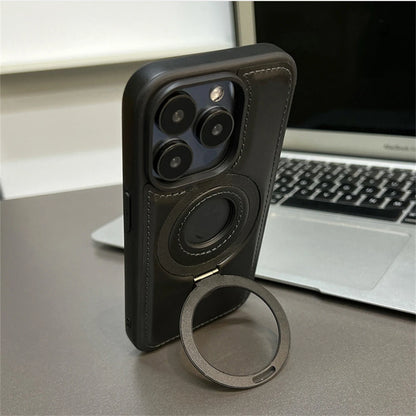 Luxury Magnetic Stand Ring PU Leather Phone Case For iPhone 16 15 14 13 12 Pro Max Magsafe Wireless Charging Hollow Logo Cover