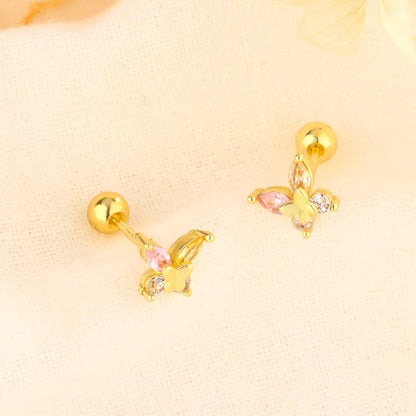 Fashion Cute Pink Zircon Bear Piercing Screw Ball Stud Earrings For Women Girl Gold Color Clover Charm Party Jewelry Accessories