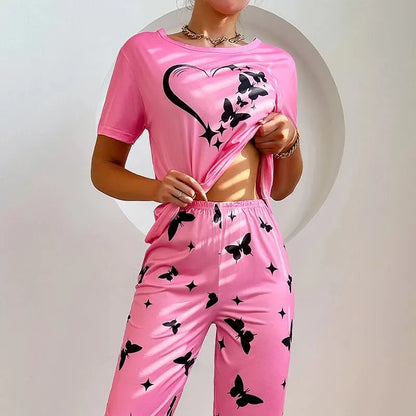 Women Pajamas Sets Sleepwear Summer 2 Pieces Pijama Short Sleeve Tops With Pants Set Butterfly Printing Pyjama Femme Loungewear