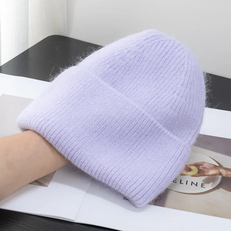 New Winter Korean Version Candy Color Rabbit Fur Fashion Simple Baotou Hat Women's Plush Thermal Knit Hat Cold Hat Pullover Hat