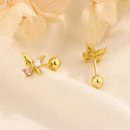 Fashion Cute Pink Zircon Bear Piercing Screw Ball Stud Earrings For Women Girl Gold Color Clover Charm Party Jewelry Accessories