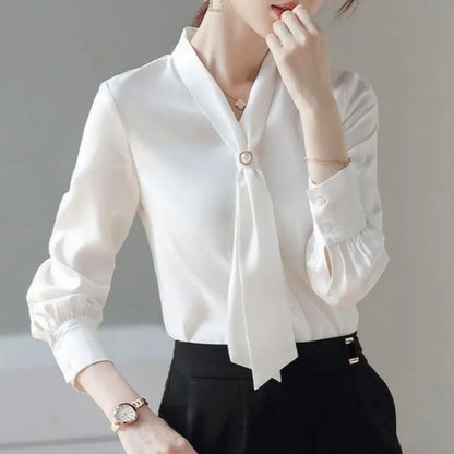 Women Spring Autumn Style Blouses Shirts Lady Casual Long Sleeve Bow Tie Collar Blusas Tops DF4958