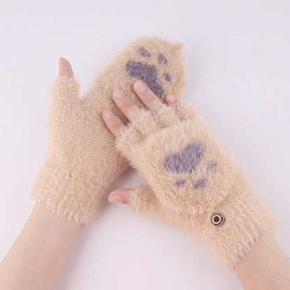 Thicken Women Warm Cat Gloves Fashion Girls Cat Claw Paw Plush Mittens Soft Plush Short Fingerless Half Finger Winter Gloves