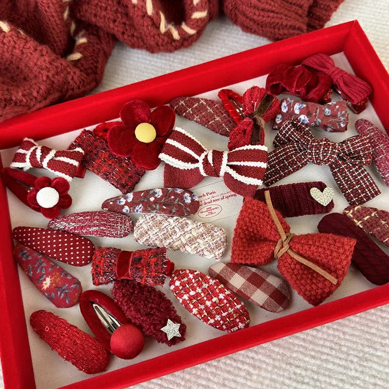 New Year Red Color Hair Clips Set Girls Sweet Bow Flowers Fabric Hairpins Child Cute Barrettes Christmas Hair Accessories Gifts