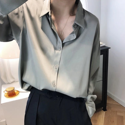 All-match Satin Finish Shirts And Blouses Women Clothing Casual Top OL Long Sleeve Button Elegant Shirts French Solid Blouses