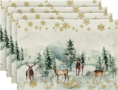 4PCS Christmas Placemats 30x45cm Linen Christmas Trees Snowflake Gnome Print Table Mats 2024 Xmas Table Pads For Home Hotel