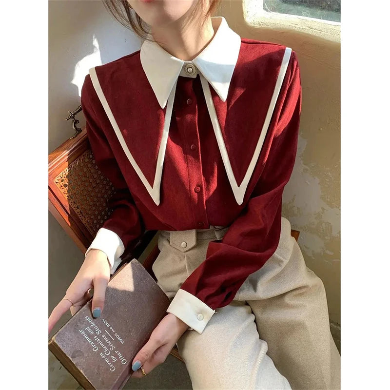 MEXZT Vintage Chiffon Shirts Women Elegant Patchwork Long Sleeve Blouses Office Lady Korean Black Turn Down Collar Casual Tops