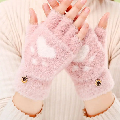 Thicken Women Warm Cat Gloves Fashion Girls Cat Claw Paw Plush Mittens Soft Plush Short Fingerless Half Finger Winter Gloves