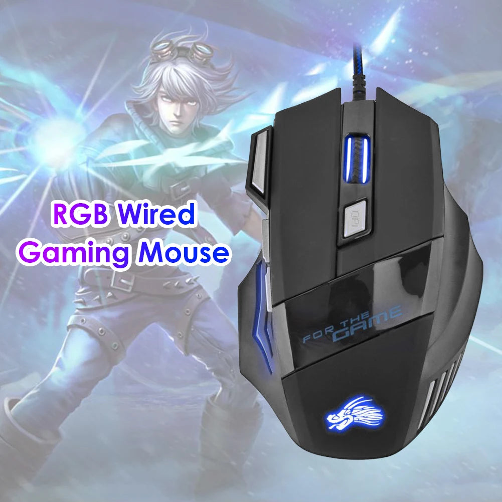 Wired Gaming Mouse 7-Color Backlight 5500 DPI Adjustable Black Wired Optical Computer Gaming Mice for PC Gamer Computer Desktop