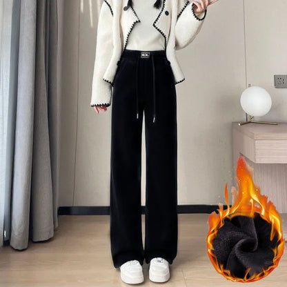 Plus Size Thickened Fleece-Lined Corduroy Straight-Leg Pants For Women Autumn/Winter Special High-Quality Woolen Material