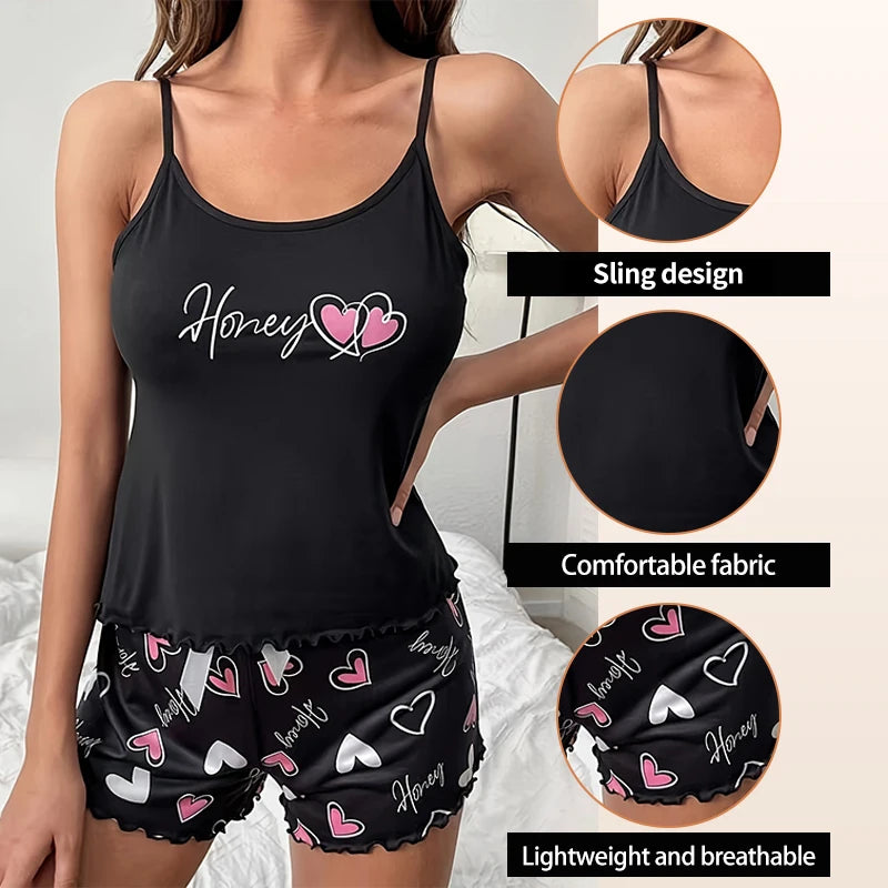 Women's Sleepwear Pyjama Set Black Comfortable Casual Print Short Sleeveless Pajamas Set Homewear