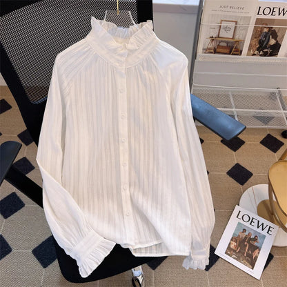 Women's Ruffled Blouse Autumn Simple White Long Sleeve Lotus Leaf Collar Casual Shirt  Inner Bottoming Top Sweet Ladies Blouses