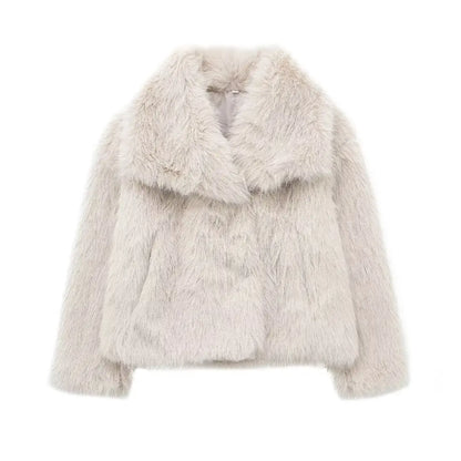 TRAF 2024 Women Fashion Cropped Faux Fur Jacket Coat Long Sleeve Front Snap-button Female Outerwear Chic Lapel Collar Thick Coat