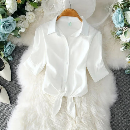 2024 Summer Women White Shirt Basic Blouses Woman Solid Buttoned Up Shirt Top Tied Waist Elegant Women Tunics Tops 19870