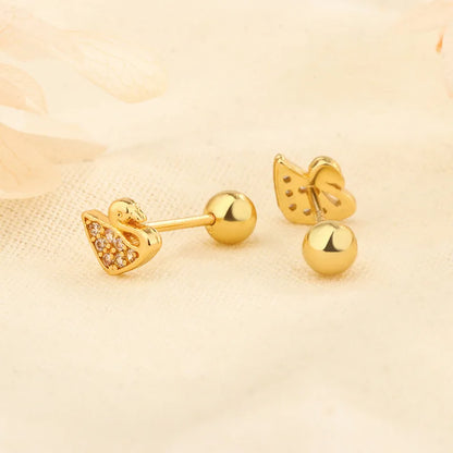 Fashion Cute Pink Zircon Bear Piercing Screw Ball Stud Earrings For Women Girl Gold Color Clover Charm Party Jewelry Accessories