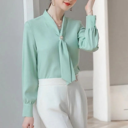 Women Spring Autumn Style Blouses Shirts Lady Casual Long Sleeve Bow Tie Collar Blusas Tops DF4958