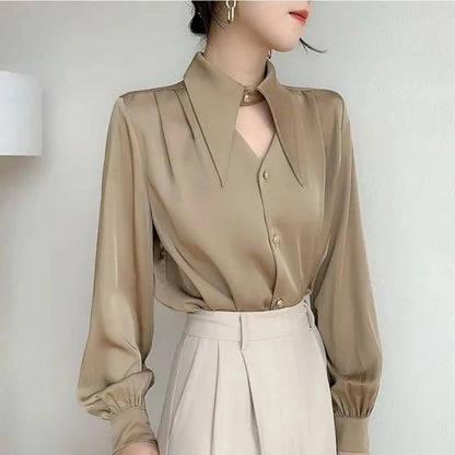 Women's Satin Shirt Spring Autumn Korean Temperament Long-sleeved Button-down Shirts Office Lady Work Wear Female Blouses Top