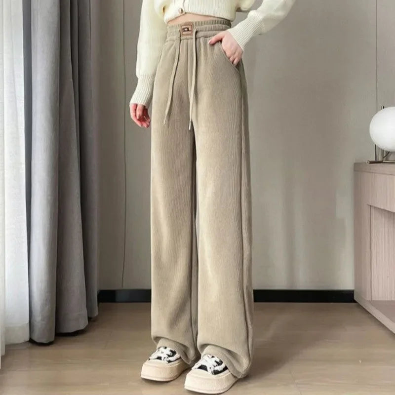 Plus Size Thickened Fleece-Lined Corduroy Straight-Leg Pants For Women Autumn/Winter Special High-Quality Woolen Material