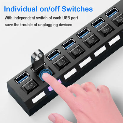 USB 2.0 Hub Multi USB Splitter Ports Hub Use Power Adapter 4/ 7 Port Multiple Expander Hub with Switch 30CM Cable For Home