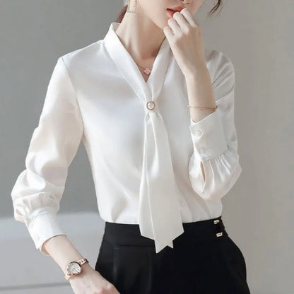 Women Spring Autumn Style Blouses Shirts Lady Casual Long Sleeve Bow Tie Collar Blusas Tops DF4958