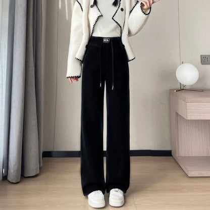 Plus Size Thickened Fleece-Lined Corduroy Straight-Leg Pants For Women Autumn/Winter Special High-Quality Woolen Material