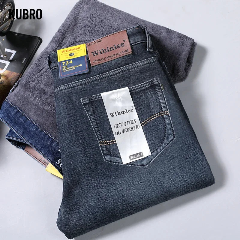 Winter Thermal Warm Flannel Stretch Jeans Mens Winter Quality Famous Brand Fleece Pants Straight Flocking Trousers Denim Jean