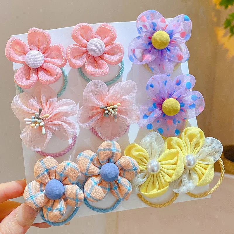 10Pcs Children's mesh flower hair loop with good elasticity, baby tie headband, princess headwear, cute girl elastic band