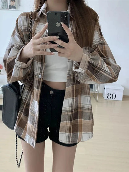 Plaid Shirt Women Autumn Long Sleeve Top Female Vintage Fashion Single Breasted Blouse Ladies Preppy Style Loose Check Shirts