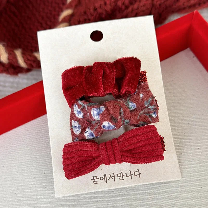 New Year Red Color Hair Clips Set Girls Sweet Bow Flowers Fabric Hairpins Child Cute Barrettes Christmas Hair Accessories Gifts